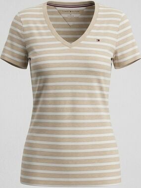 Tommy Hilfiger Women's Beige and White Striped V-Neck Tee